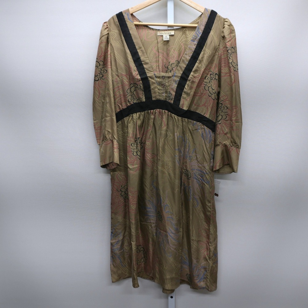 Harkham Women 100% Silk Floral Empire Waist V-Neck Dress Olive Brown Size 10